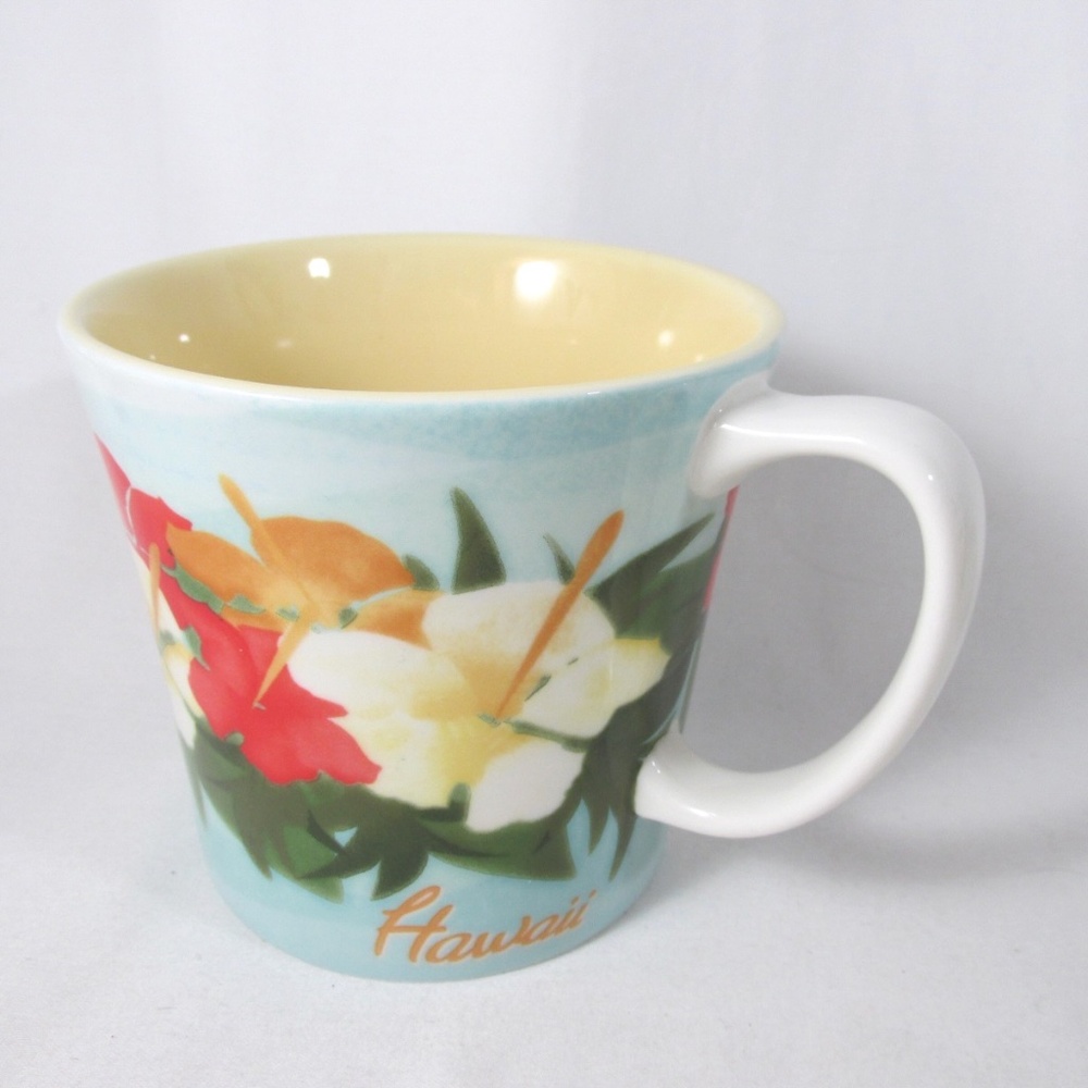 Starbucks Coffee Bone China Mug Hawaii Blue Yellow Hibiscus Flower Lei 2010 16oz